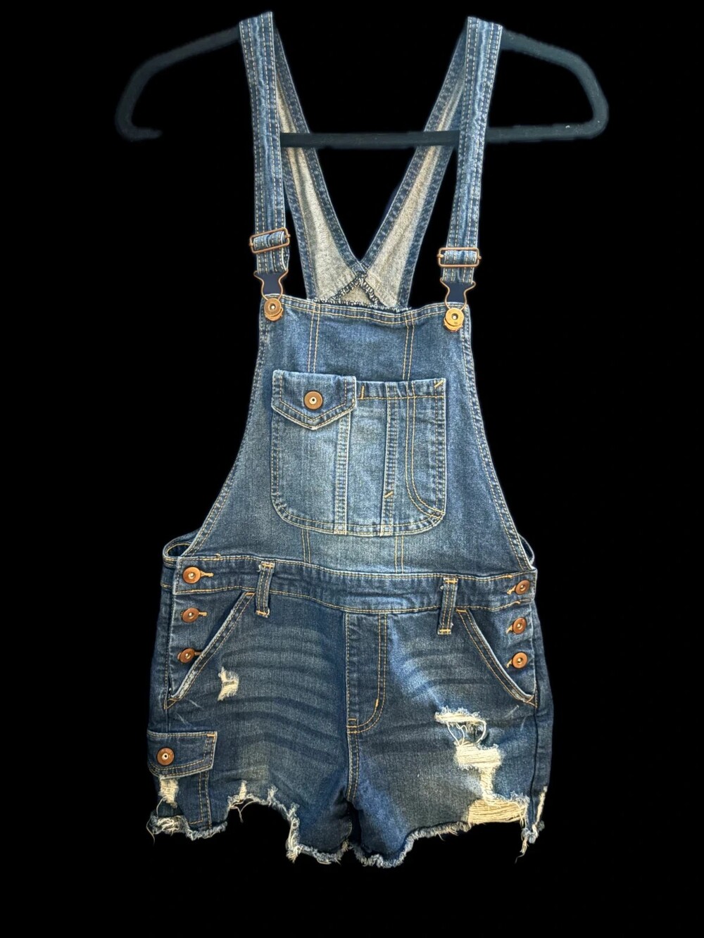 No Boundaries Distressed Denim Overall Shorts | Dark Wash | Women's Medium